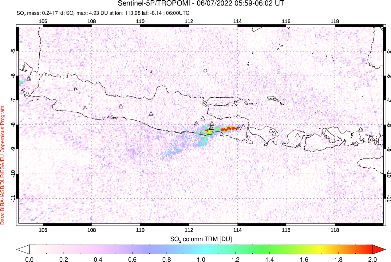 A sulfur dioxide image over Java, Indonesia on Jun 07, 2022.
