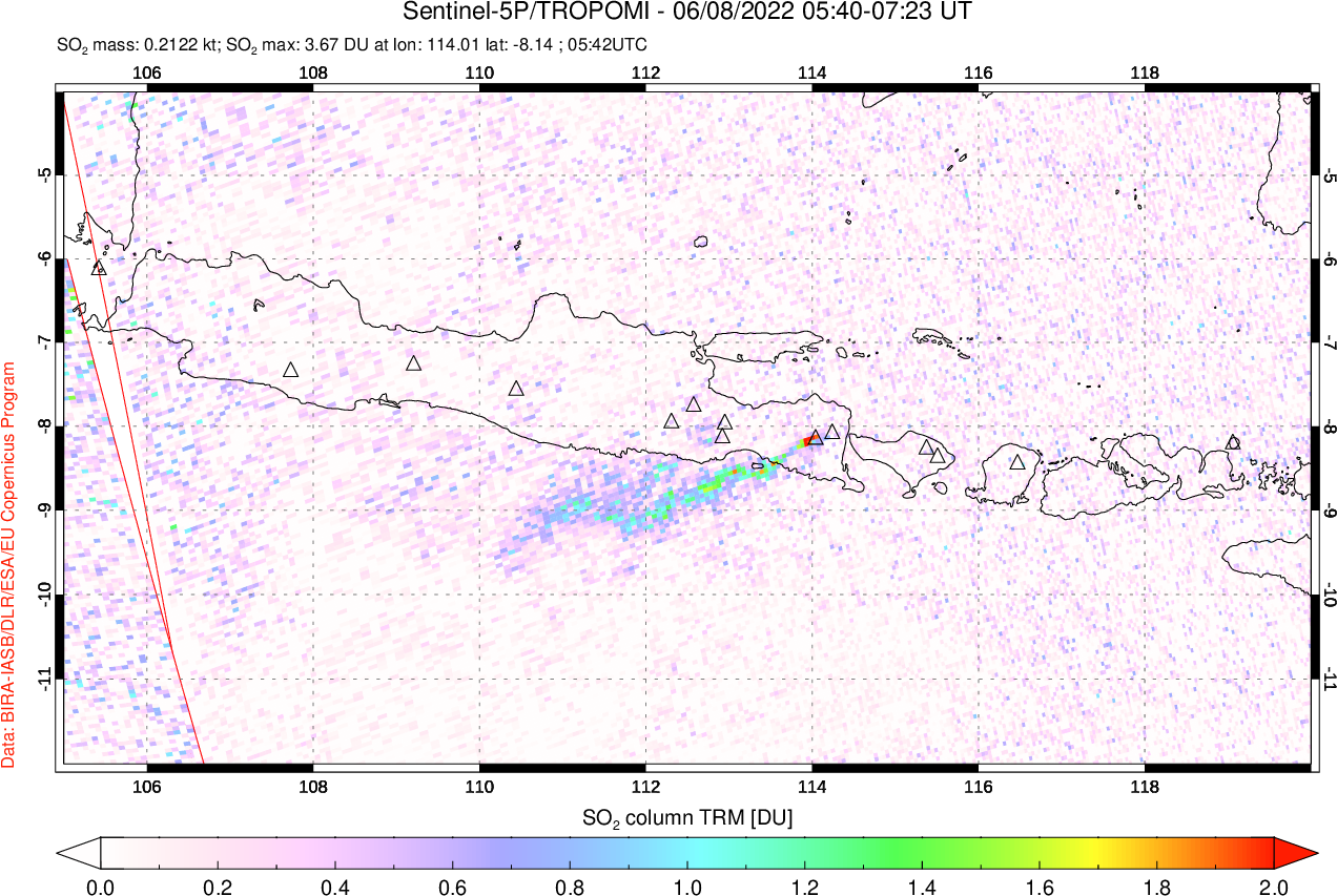 A sulfur dioxide image over Java, Indonesia on Jun 08, 2022.