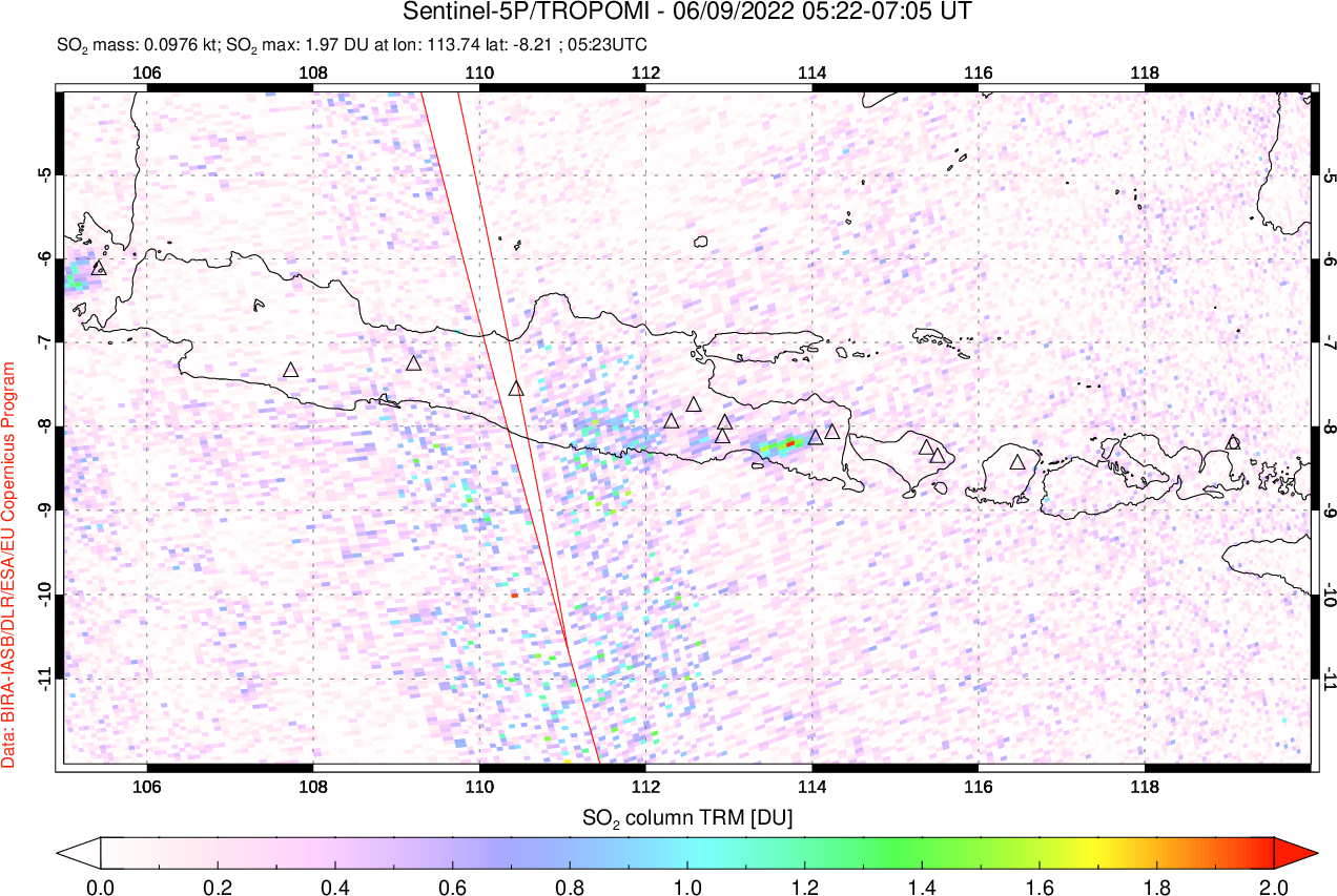 A sulfur dioxide image over Java, Indonesia on Jun 09, 2022.