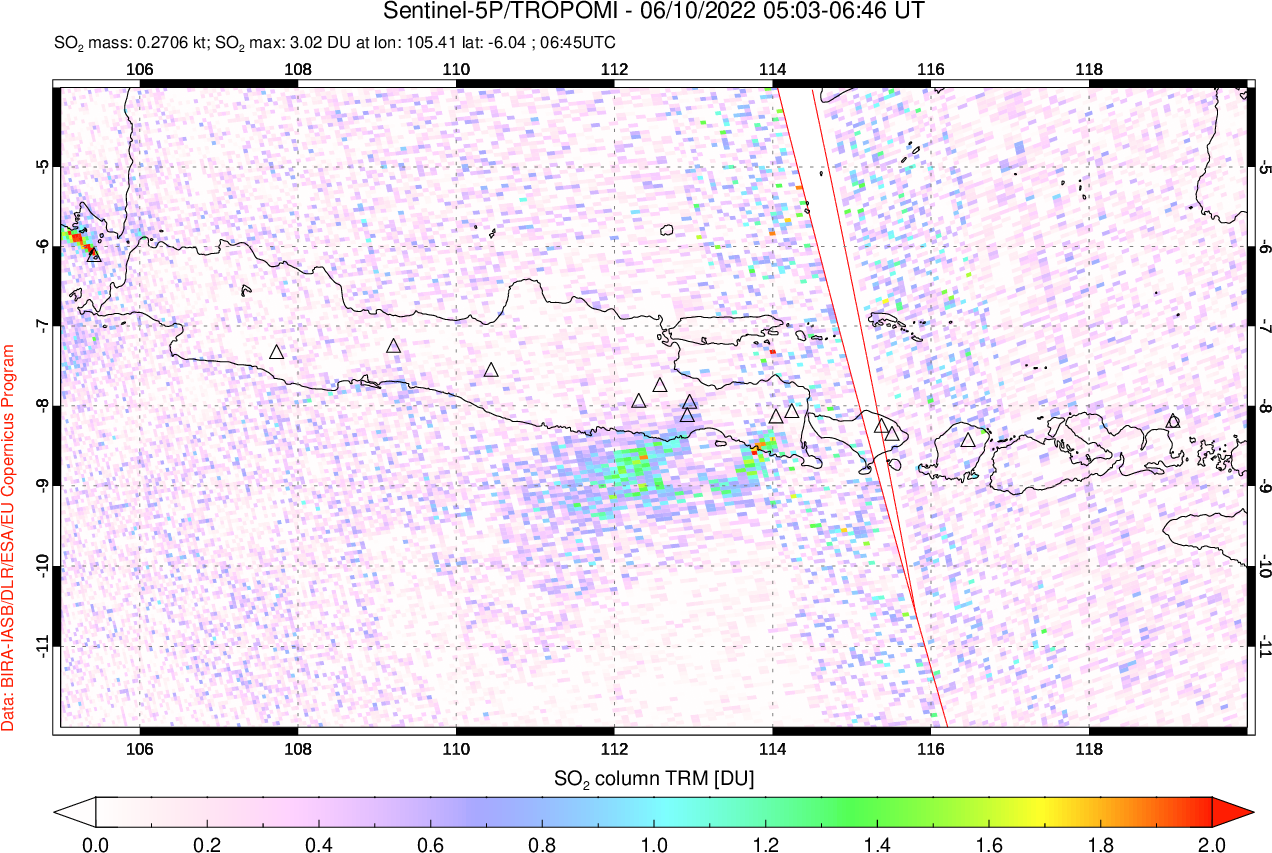 A sulfur dioxide image over Java, Indonesia on Jun 10, 2022.