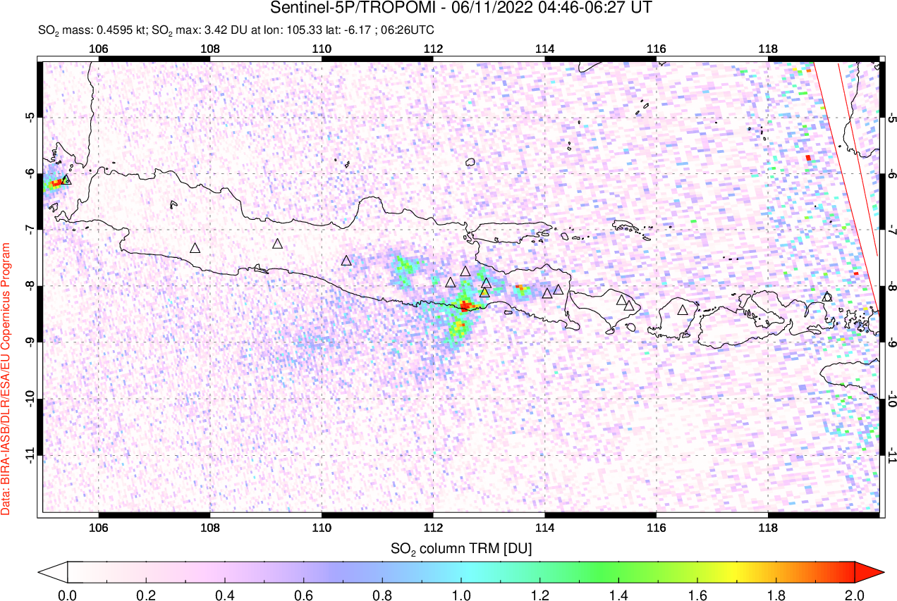 A sulfur dioxide image over Java, Indonesia on Jun 11, 2022.