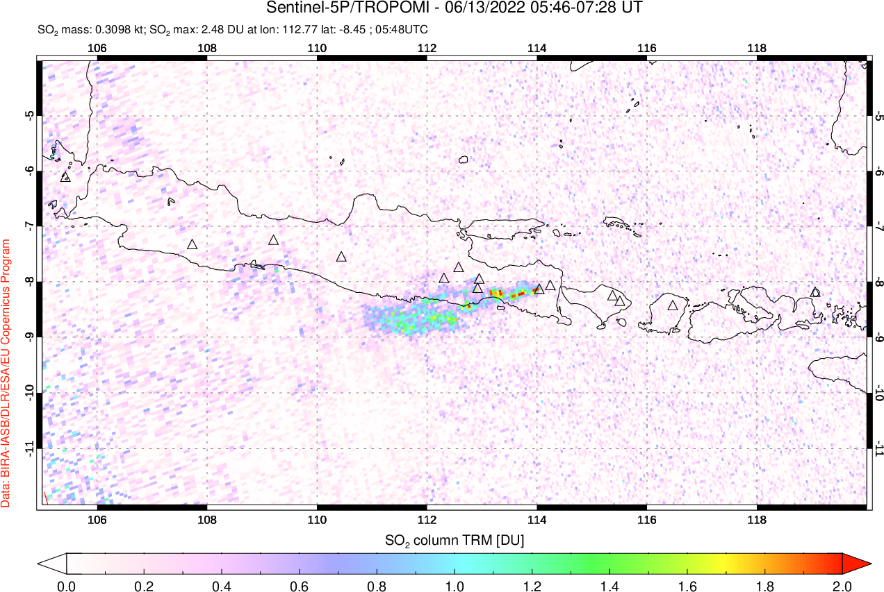 A sulfur dioxide image over Java, Indonesia on Jun 13, 2022.