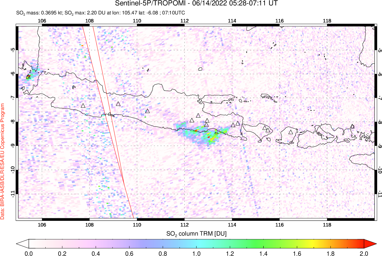 A sulfur dioxide image over Java, Indonesia on Jun 14, 2022.