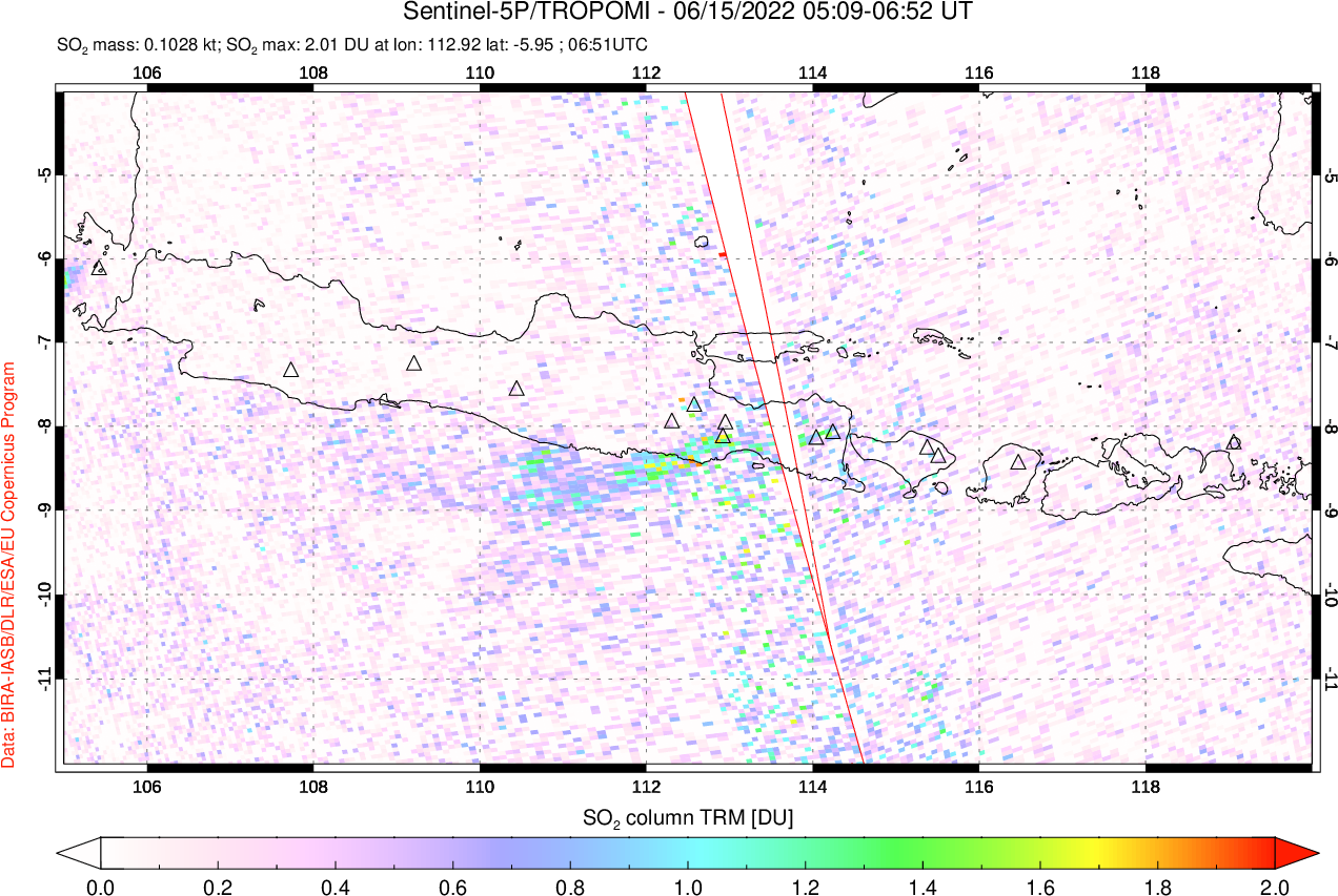 A sulfur dioxide image over Java, Indonesia on Jun 15, 2022.
