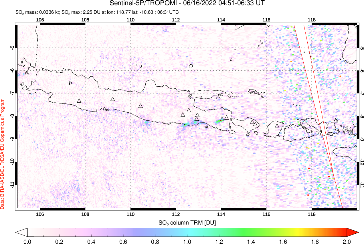 A sulfur dioxide image over Java, Indonesia on Jun 16, 2022.