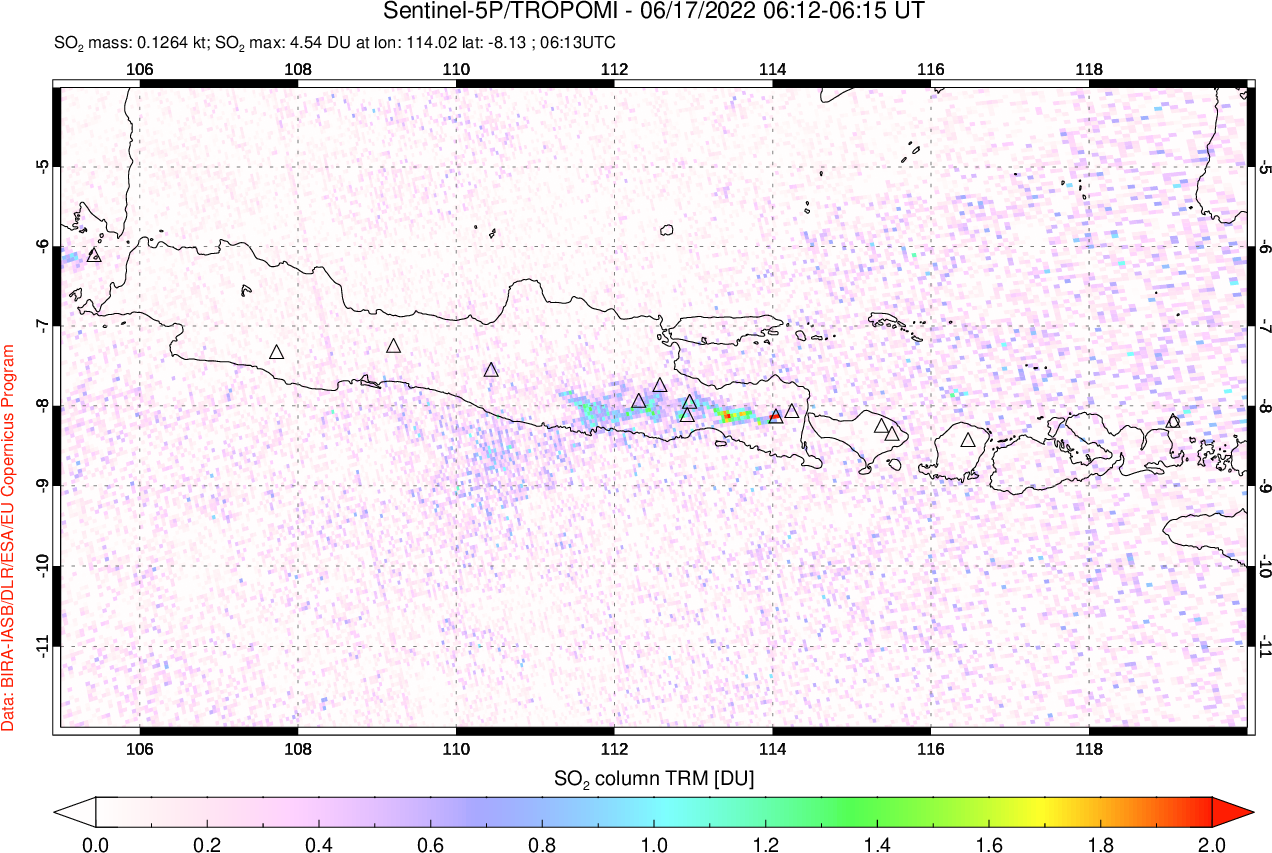 A sulfur dioxide image over Java, Indonesia on Jun 17, 2022.