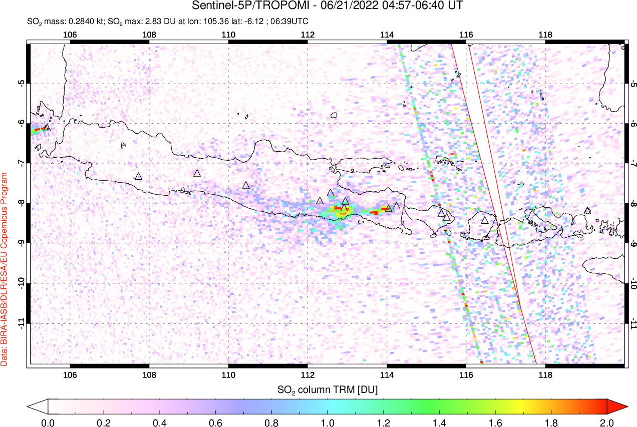 A sulfur dioxide image over Java, Indonesia on Jun 21, 2022.