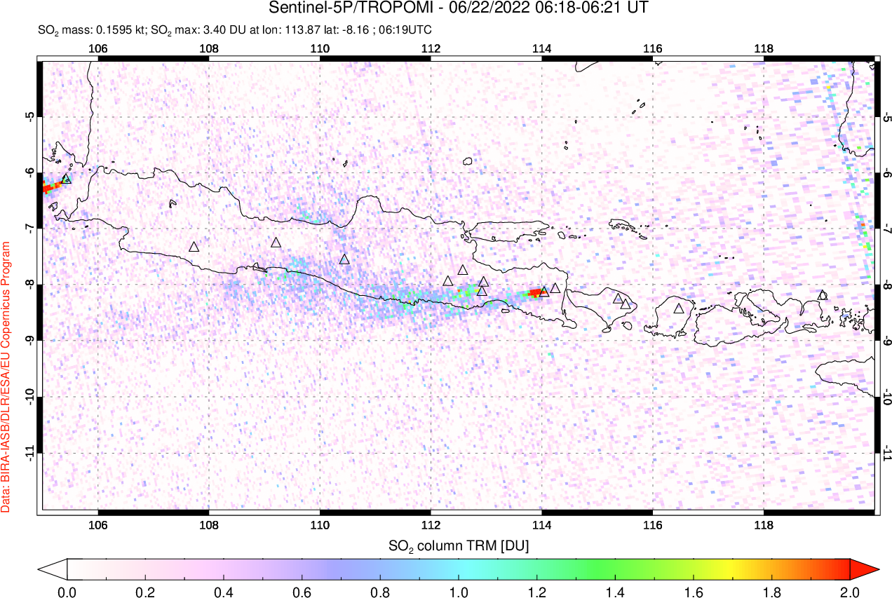 A sulfur dioxide image over Java, Indonesia on Jun 22, 2022.