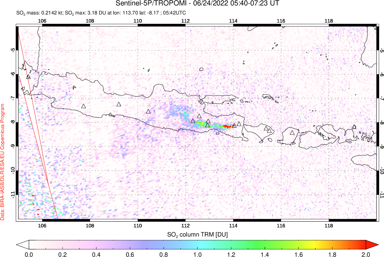 A sulfur dioxide image over Java, Indonesia on Jun 24, 2022.
