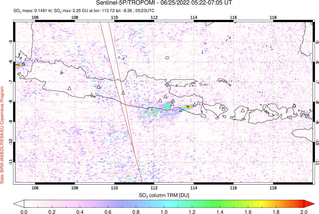 A sulfur dioxide image over Java, Indonesia on Jun 25, 2022.