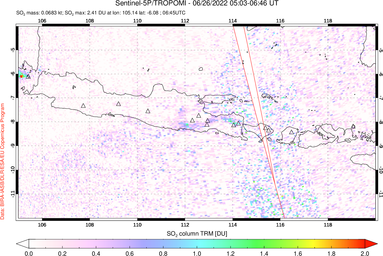 A sulfur dioxide image over Java, Indonesia on Jun 26, 2022.