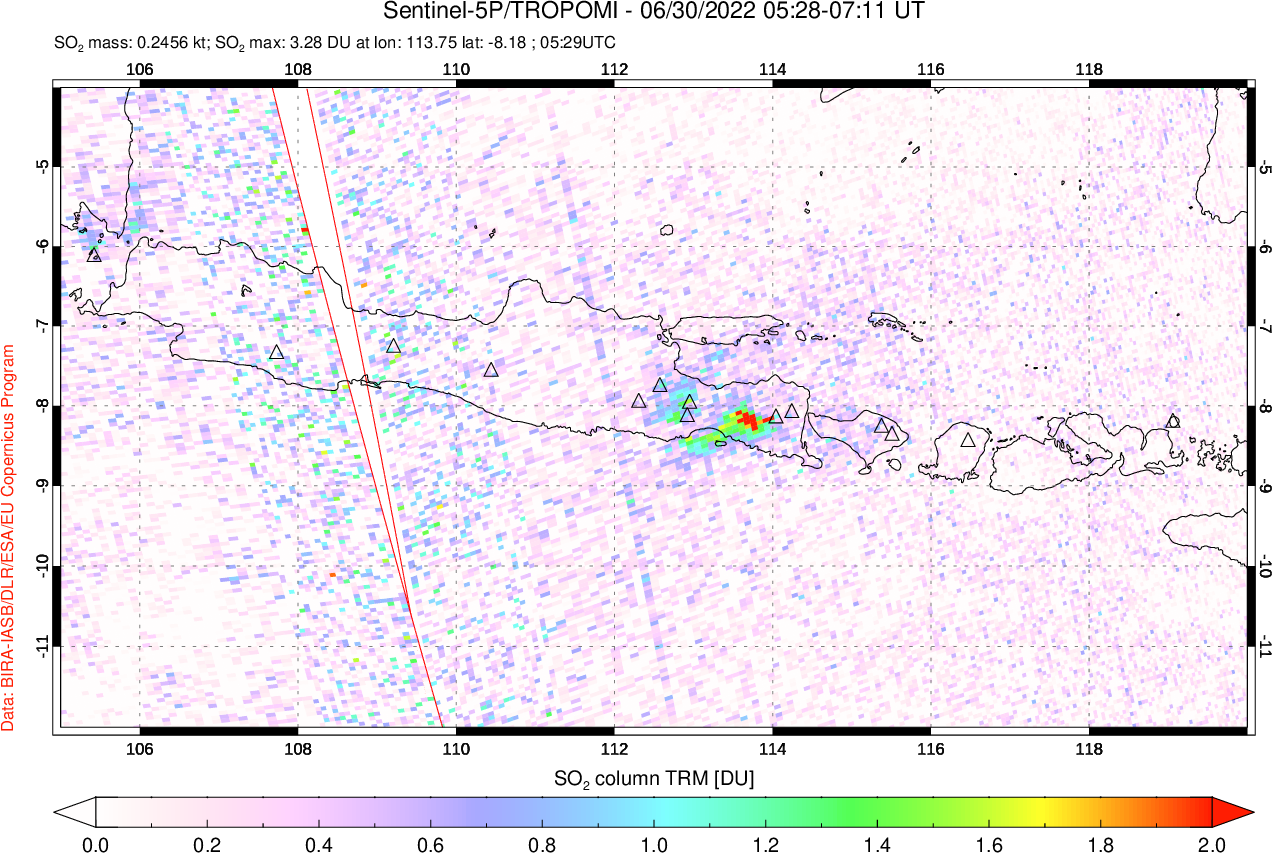 A sulfur dioxide image over Java, Indonesia on Jun 30, 2022.