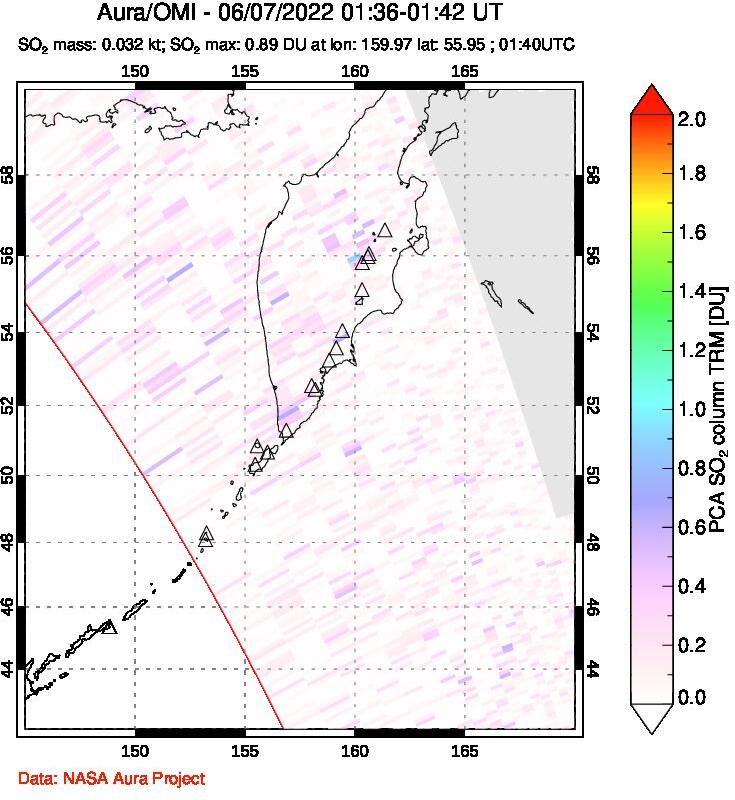 A sulfur dioxide image over Kamchatka, Russian Federation on Jun 07, 2022.