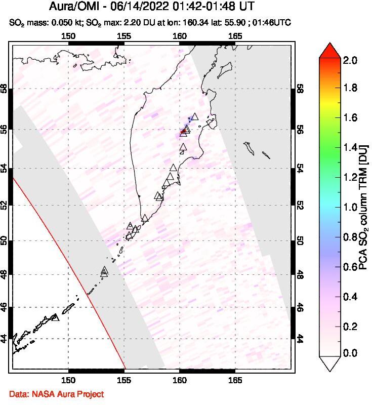 A sulfur dioxide image over Kamchatka, Russian Federation on Jun 14, 2022.