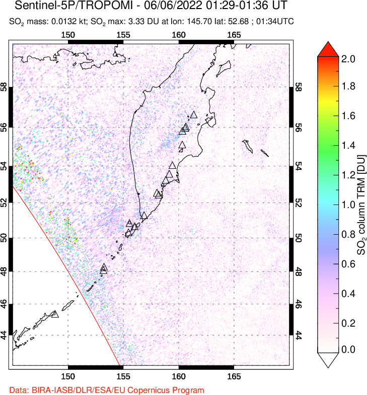 A sulfur dioxide image over Kamchatka, Russian Federation on Jun 06, 2022.