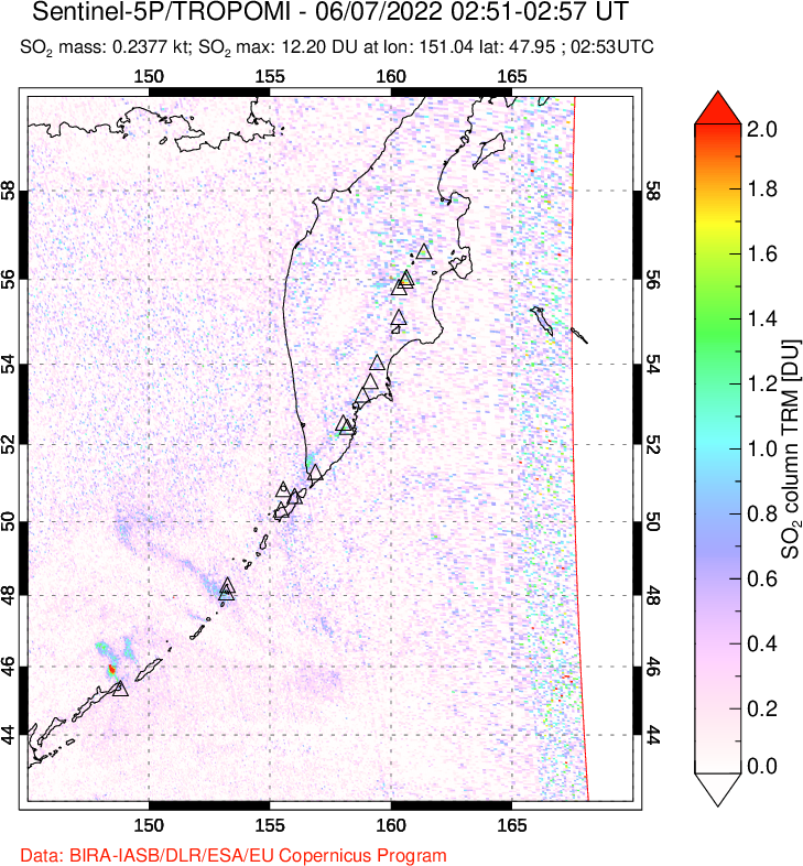 A sulfur dioxide image over Kamchatka, Russian Federation on Jun 07, 2022.