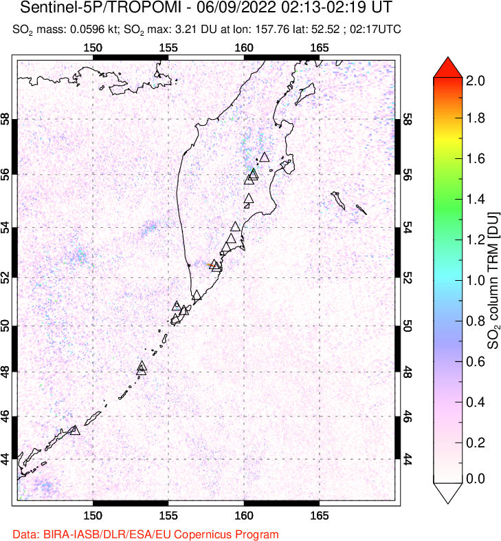 A sulfur dioxide image over Kamchatka, Russian Federation on Jun 09, 2022.