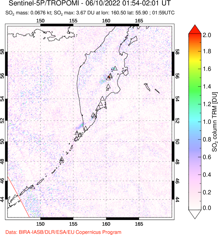 A sulfur dioxide image over Kamchatka, Russian Federation on Jun 10, 2022.