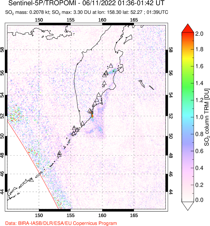 A sulfur dioxide image over Kamchatka, Russian Federation on Jun 11, 2022.
