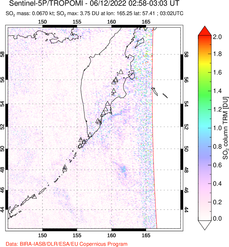 A sulfur dioxide image over Kamchatka, Russian Federation on Jun 12, 2022.
