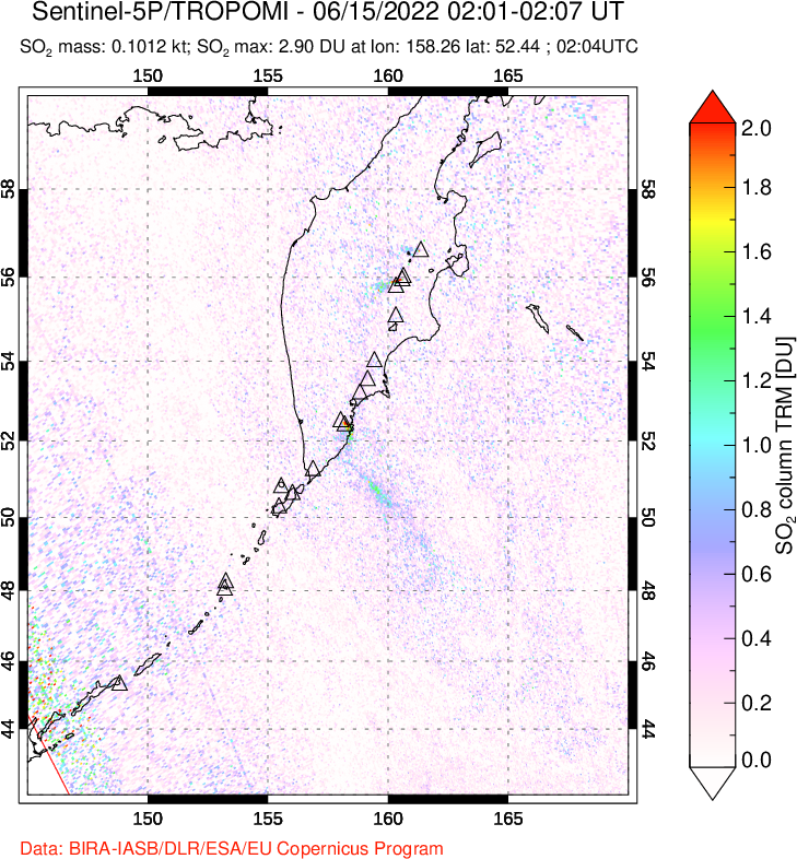 A sulfur dioxide image over Kamchatka, Russian Federation on Jun 15, 2022.