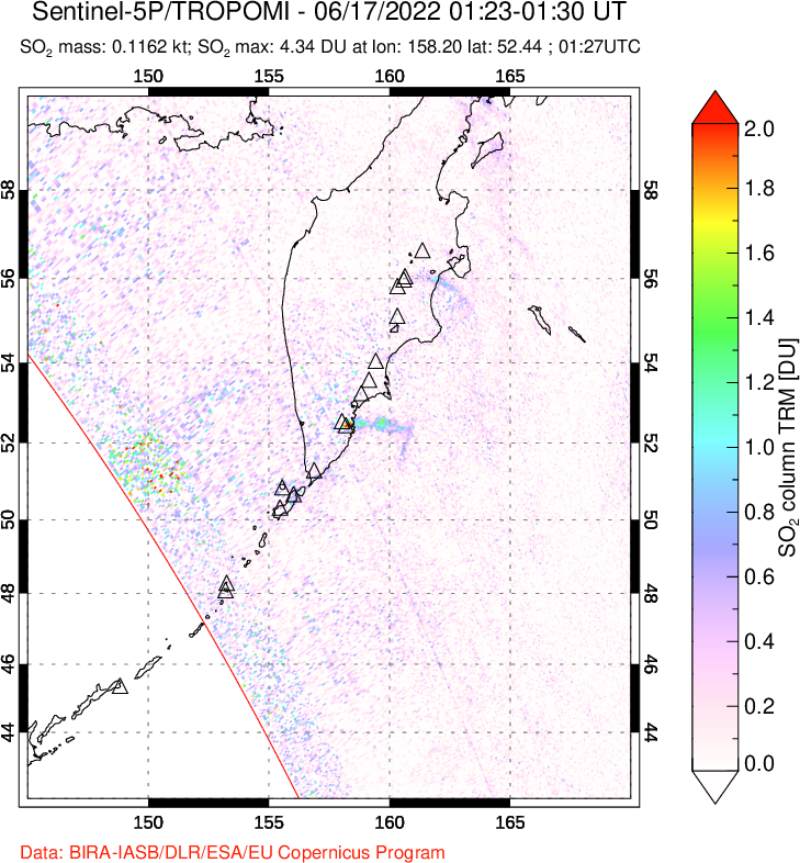 A sulfur dioxide image over Kamchatka, Russian Federation on Jun 17, 2022.
