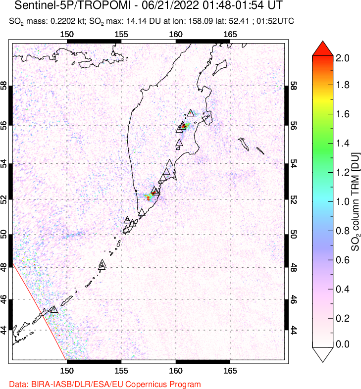 A sulfur dioxide image over Kamchatka, Russian Federation on Jun 21, 2022.