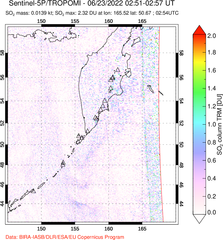 A sulfur dioxide image over Kamchatka, Russian Federation on Jun 23, 2022.