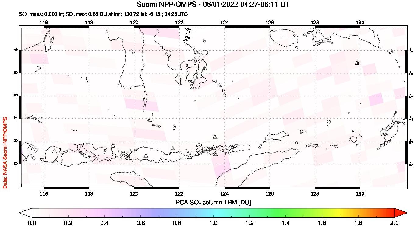 A sulfur dioxide image over Lesser Sunda Islands, Indonesia on Jun 01, 2022.