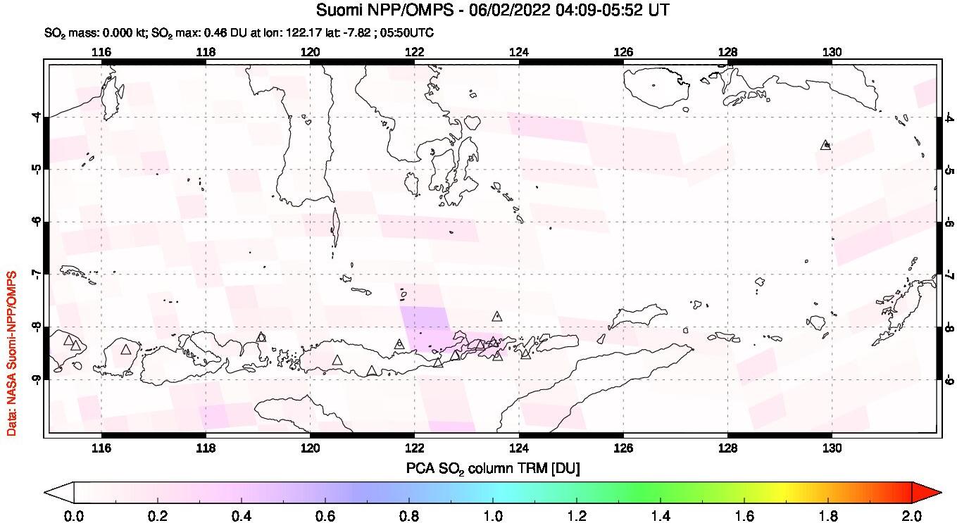 A sulfur dioxide image over Lesser Sunda Islands, Indonesia on Jun 02, 2022.