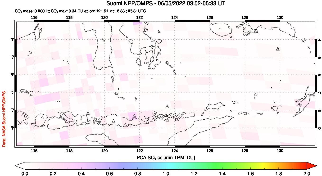 A sulfur dioxide image over Lesser Sunda Islands, Indonesia on Jun 03, 2022.