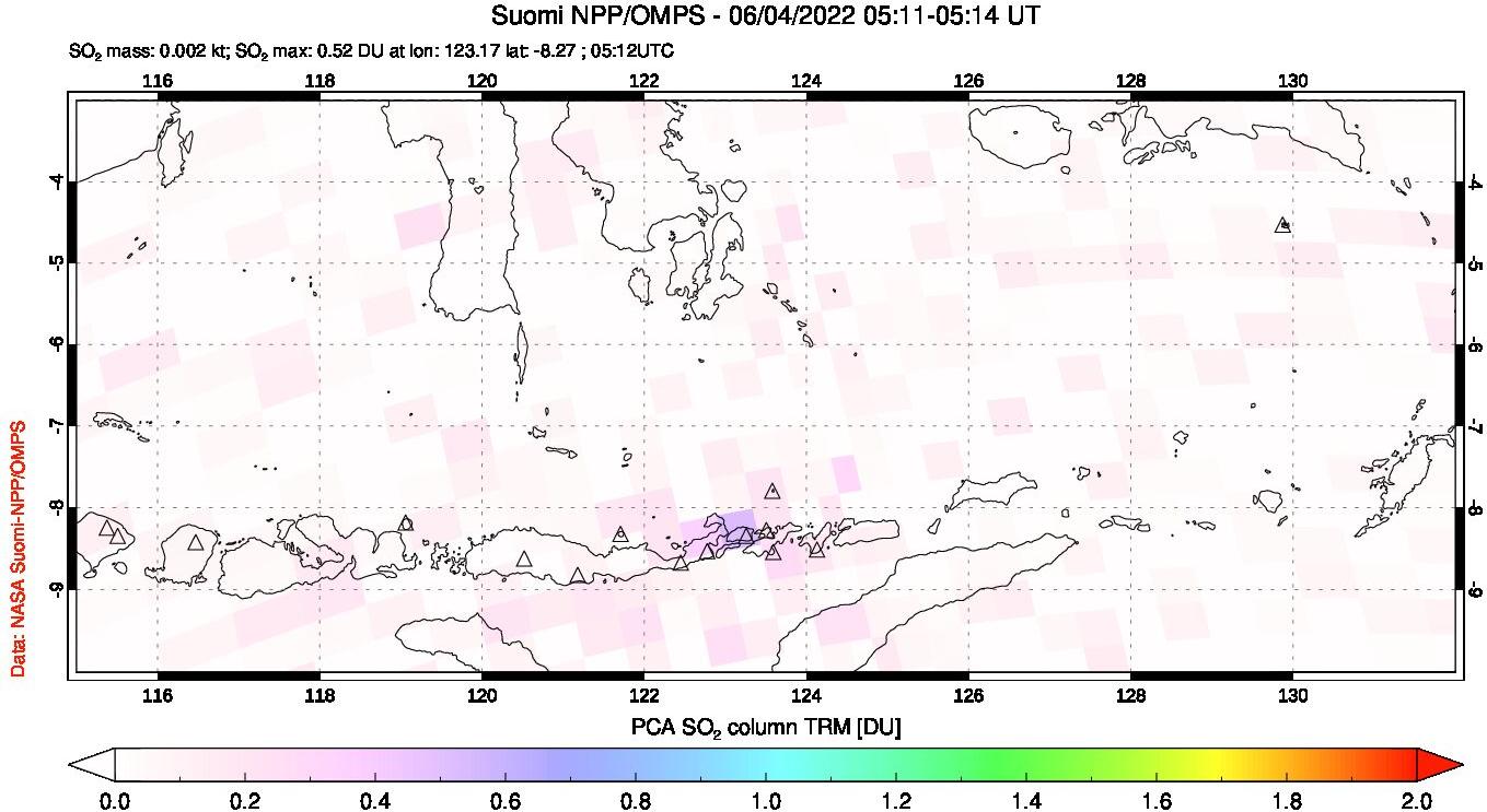 A sulfur dioxide image over Lesser Sunda Islands, Indonesia on Jun 04, 2022.
