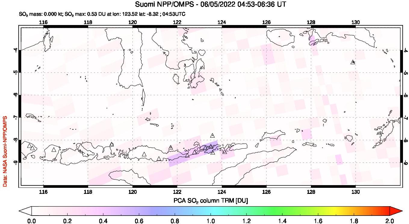 A sulfur dioxide image over Lesser Sunda Islands, Indonesia on Jun 05, 2022.