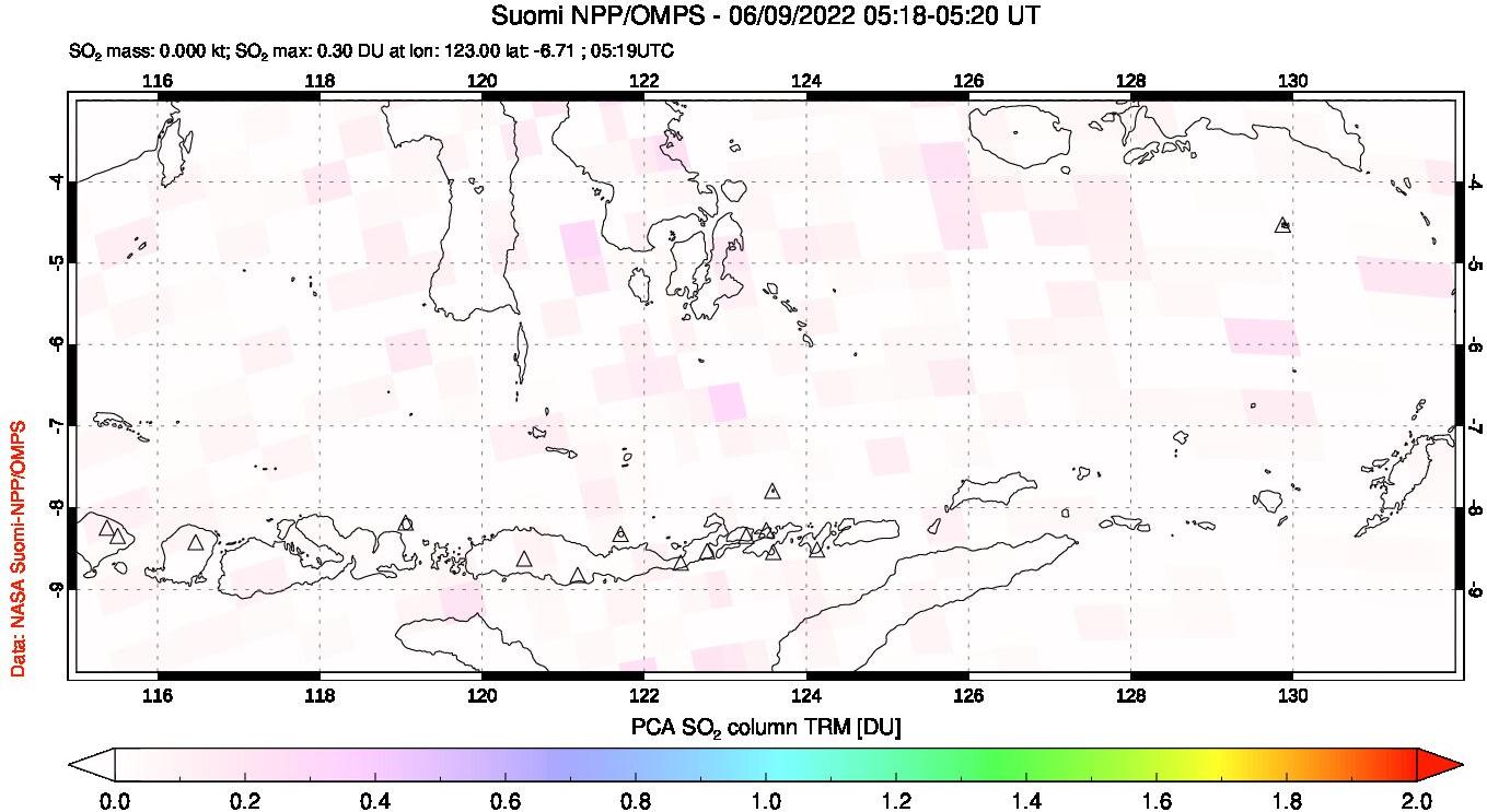 A sulfur dioxide image over Lesser Sunda Islands, Indonesia on Jun 09, 2022.