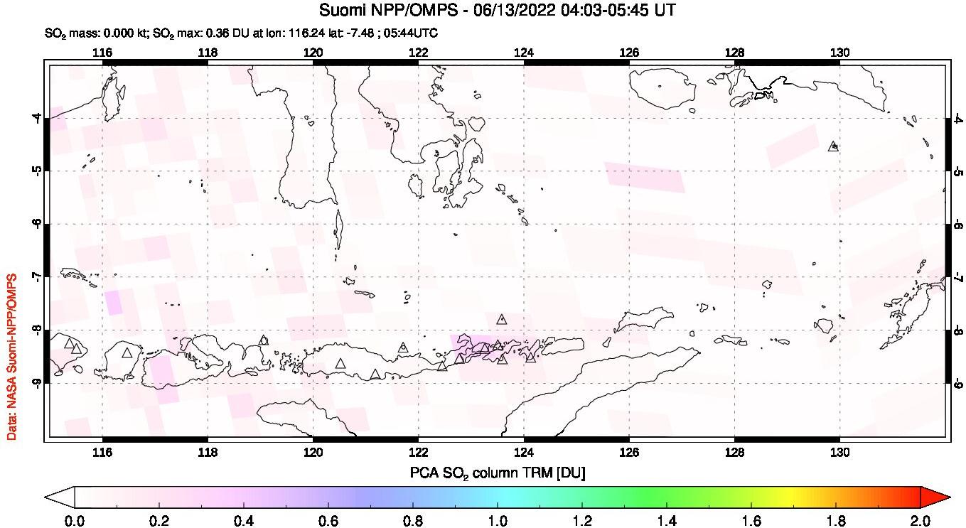 A sulfur dioxide image over Lesser Sunda Islands, Indonesia on Jun 13, 2022.