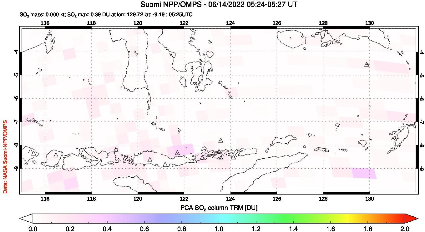 A sulfur dioxide image over Lesser Sunda Islands, Indonesia on Jun 14, 2022.
