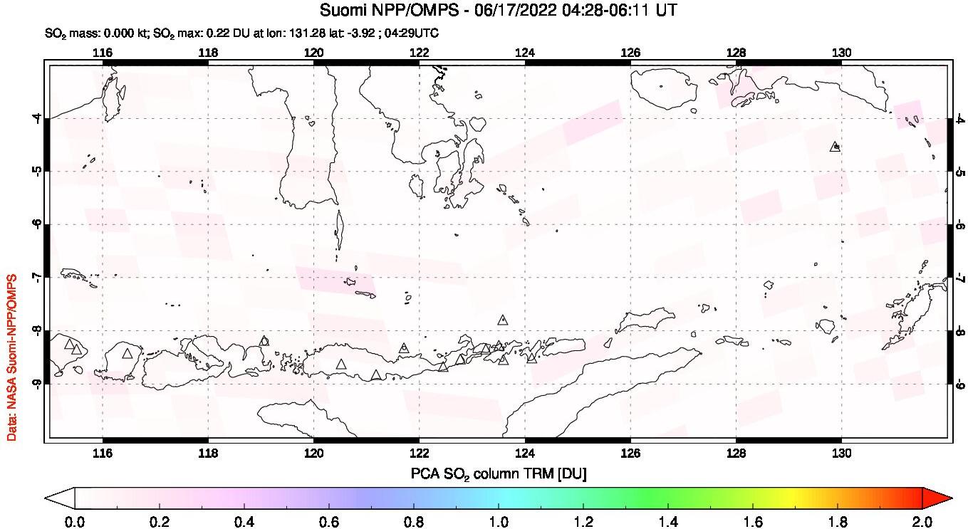 A sulfur dioxide image over Lesser Sunda Islands, Indonesia on Jun 17, 2022.