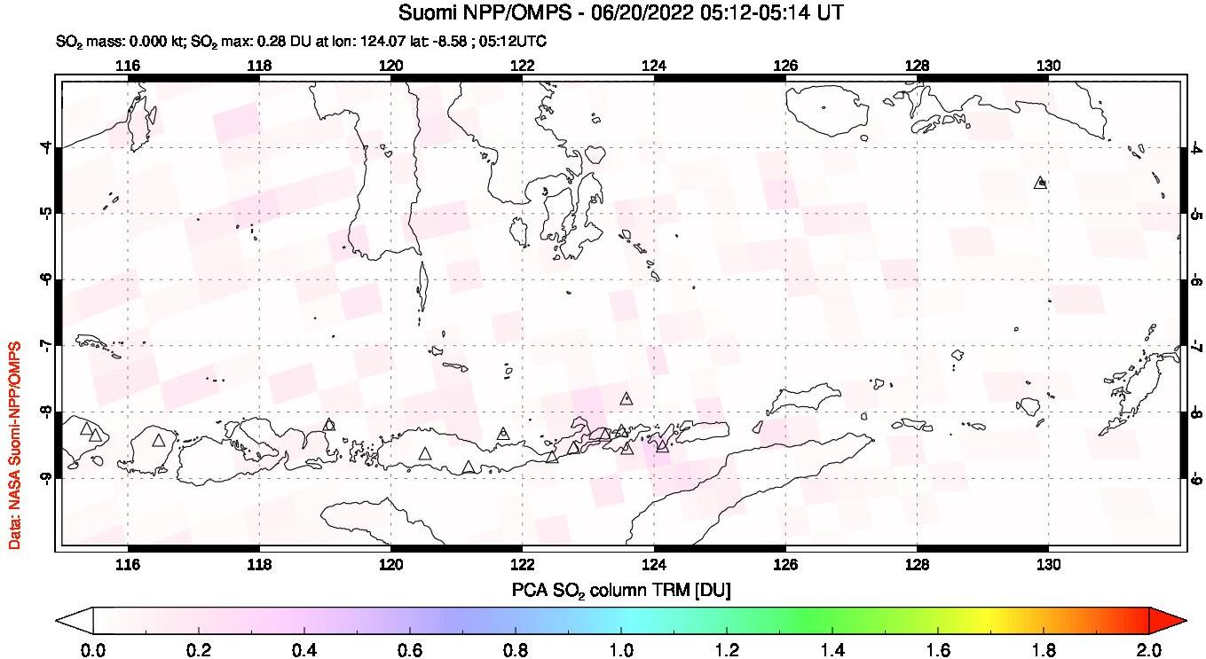 A sulfur dioxide image over Lesser Sunda Islands, Indonesia on Jun 20, 2022.