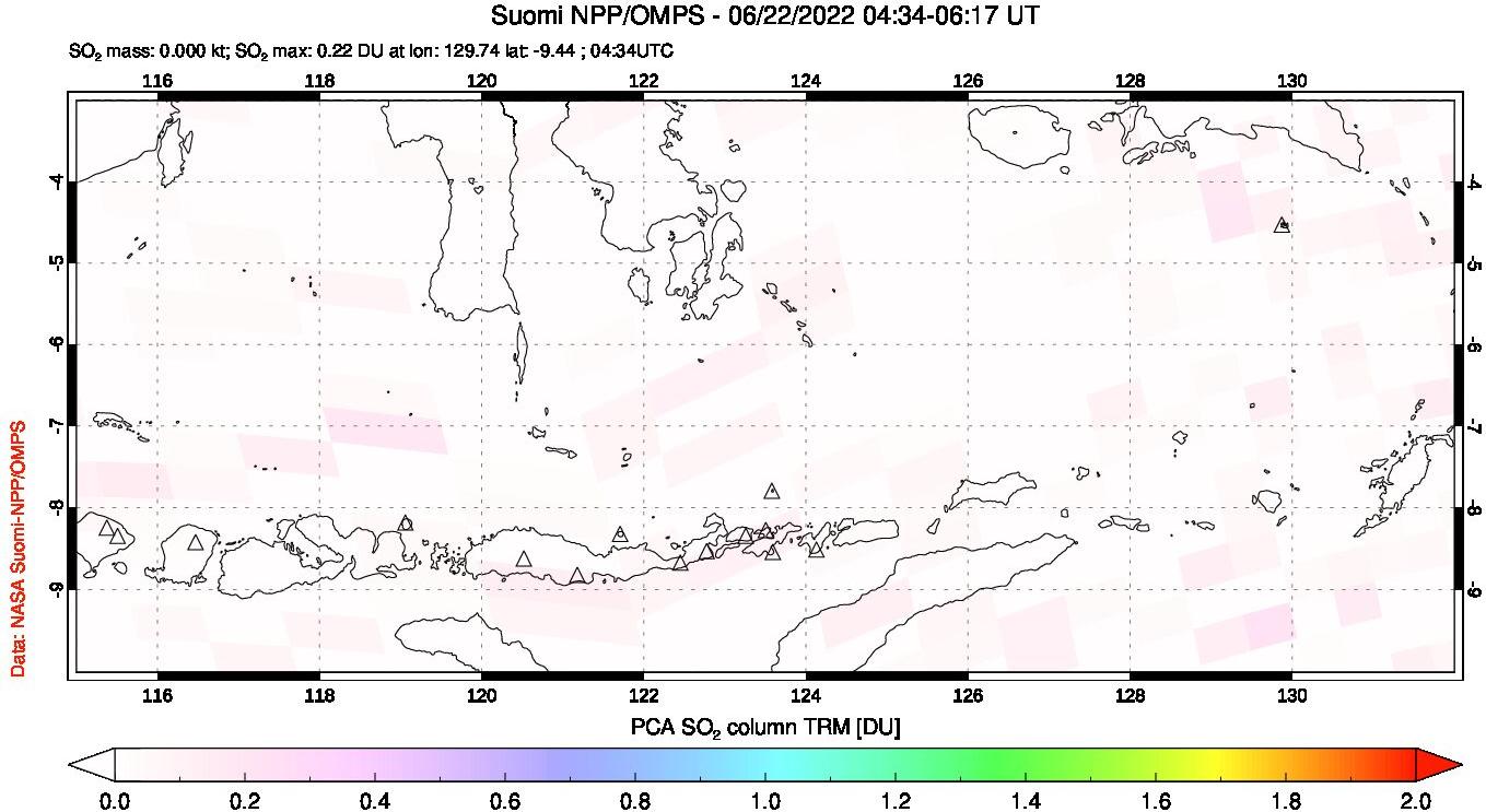 A sulfur dioxide image over Lesser Sunda Islands, Indonesia on Jun 22, 2022.