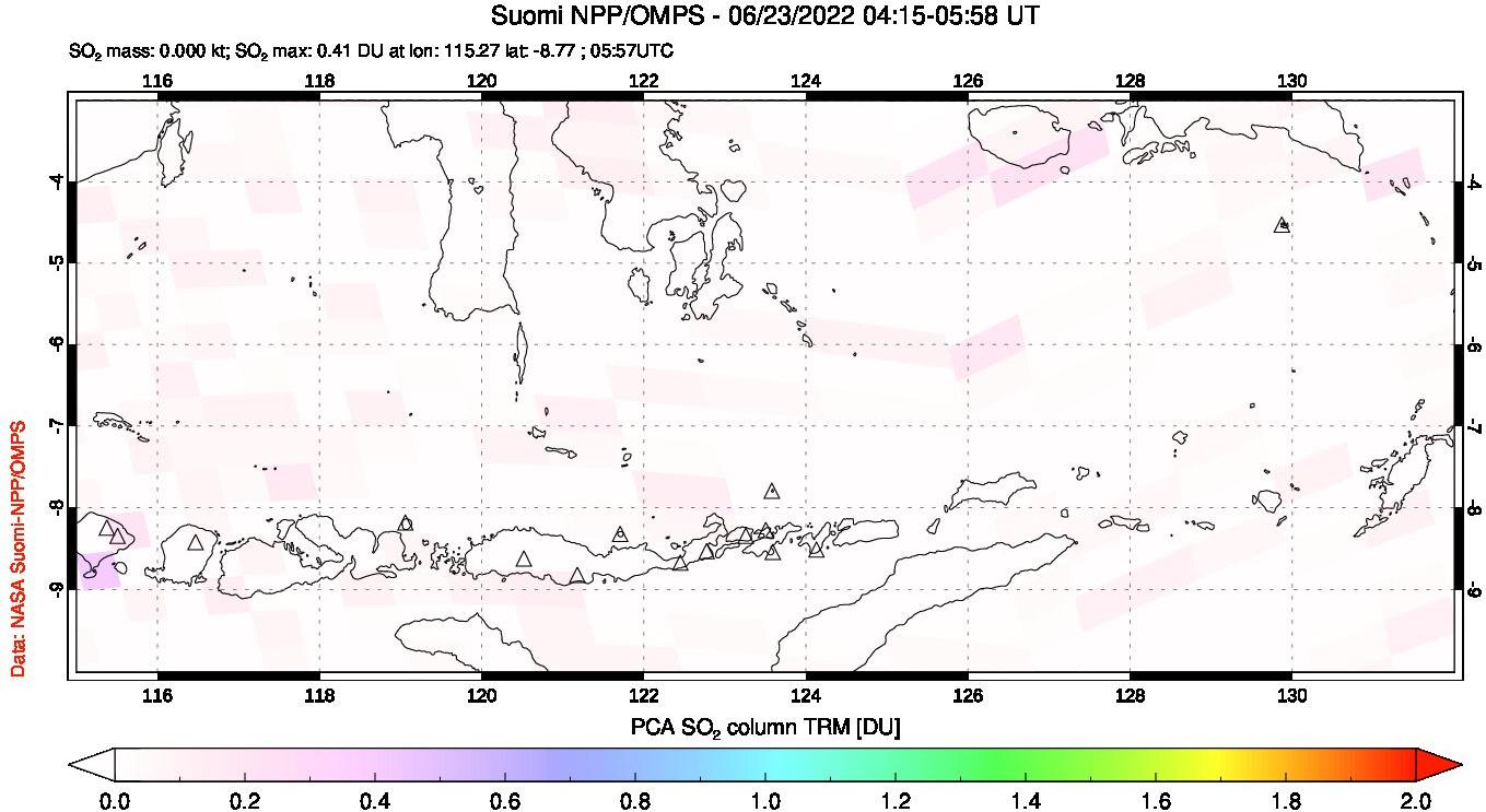 A sulfur dioxide image over Lesser Sunda Islands, Indonesia on Jun 23, 2022.