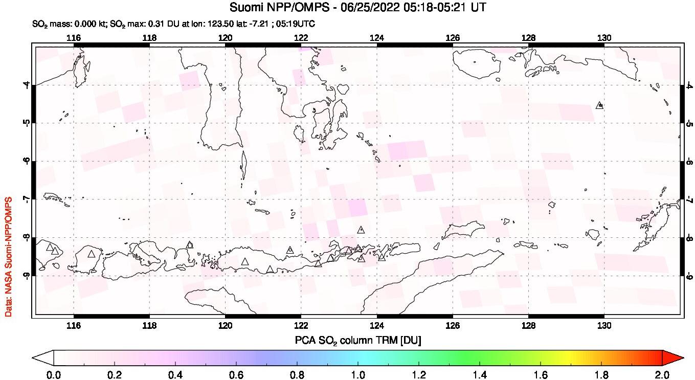 A sulfur dioxide image over Lesser Sunda Islands, Indonesia on Jun 25, 2022.