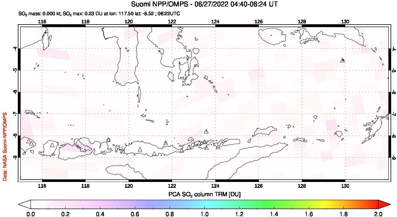 A sulfur dioxide image over Lesser Sunda Islands, Indonesia on Jun 27, 2022.