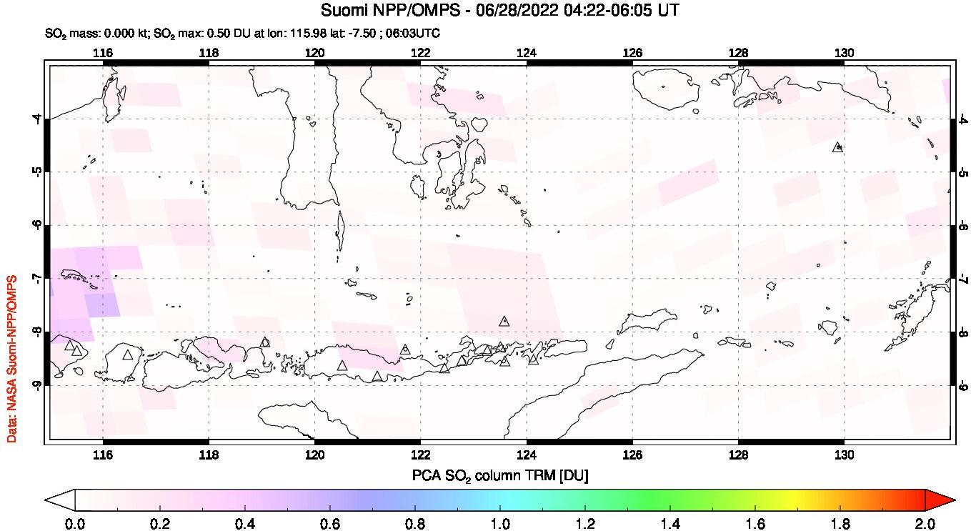 A sulfur dioxide image over Lesser Sunda Islands, Indonesia on Jun 28, 2022.