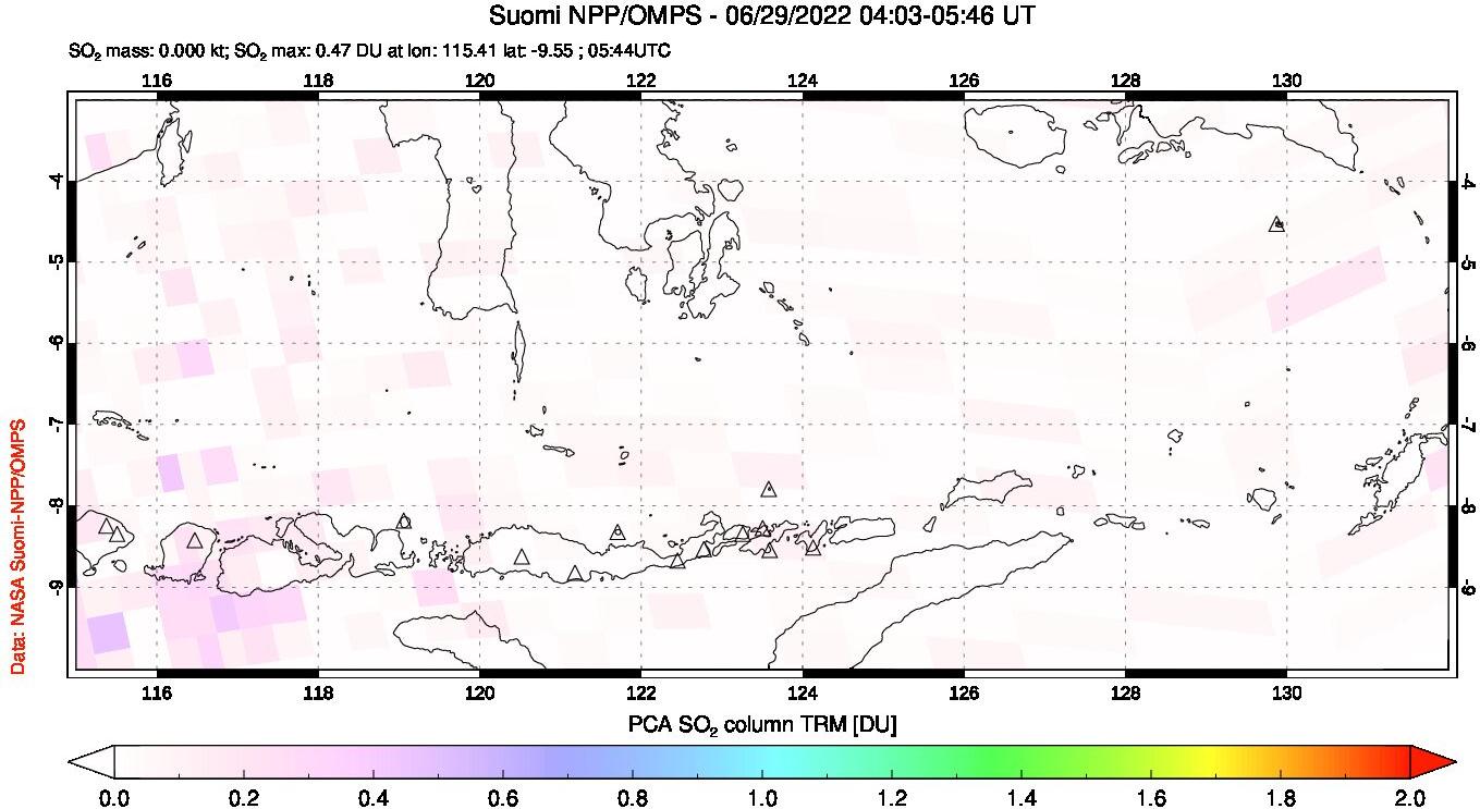 A sulfur dioxide image over Lesser Sunda Islands, Indonesia on Jun 29, 2022.