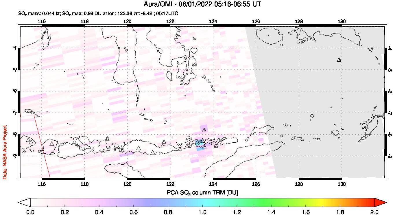 A sulfur dioxide image over Lesser Sunda Islands, Indonesia on Jun 01, 2022.