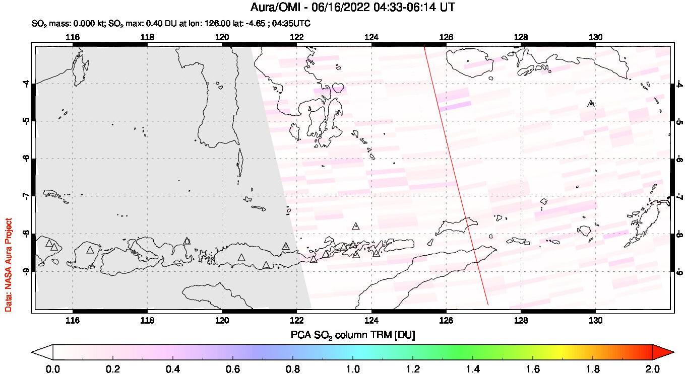 A sulfur dioxide image over Lesser Sunda Islands, Indonesia on Jun 16, 2022.