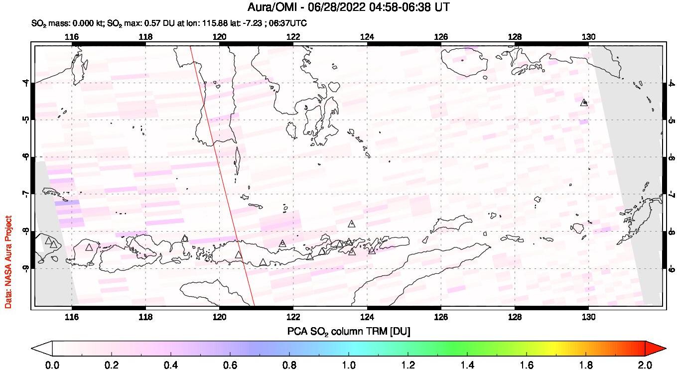 A sulfur dioxide image over Lesser Sunda Islands, Indonesia on Jun 28, 2022.