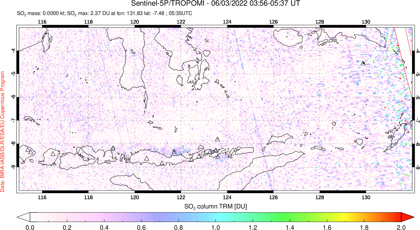 A sulfur dioxide image over Lesser Sunda Islands, Indonesia on Jun 03, 2022.