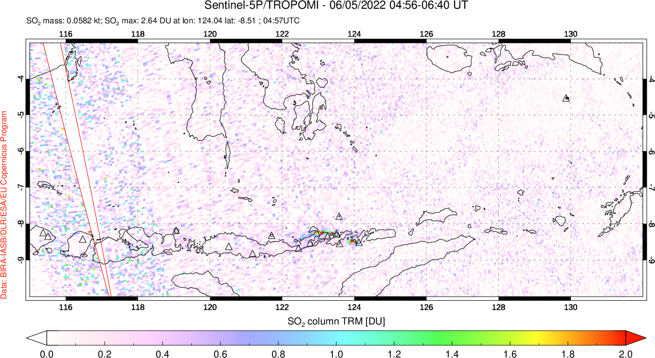 A sulfur dioxide image over Lesser Sunda Islands, Indonesia on Jun 05, 2022.