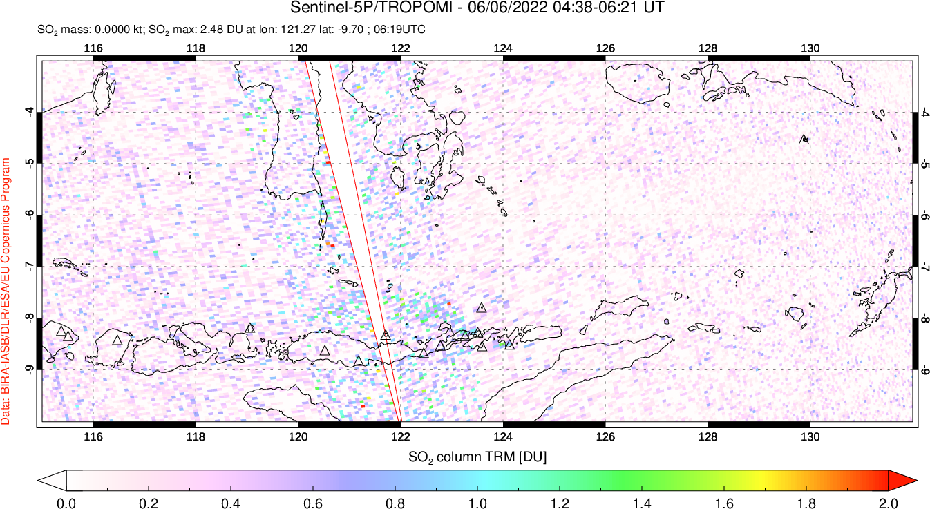 A sulfur dioxide image over Lesser Sunda Islands, Indonesia on Jun 06, 2022.